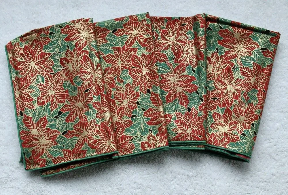 Set of 4 Christmas Poinsettia Cloth Napkins Red Green Gold Holiday Table Linen
